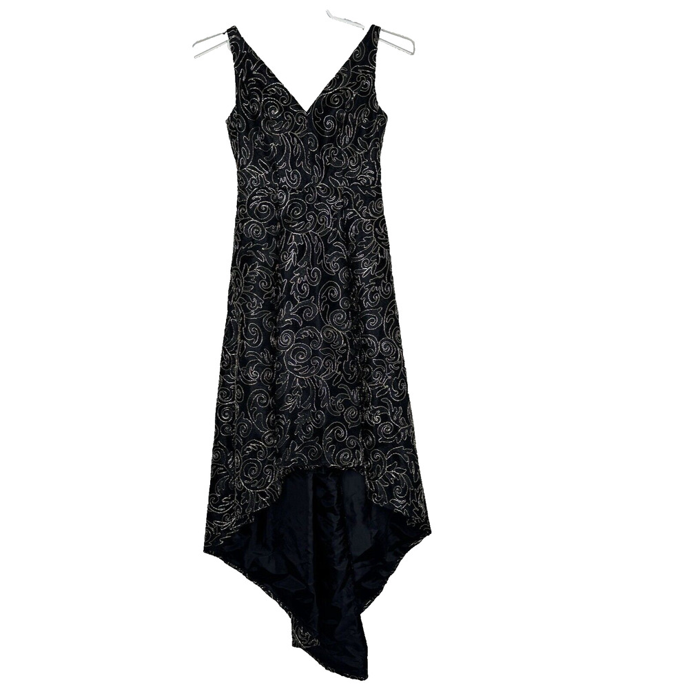 Calvin Klein Dress Gown Sz 4 Black Gold Sequins High Low Sleeveless Deep V Lined - Picture 1 of 11